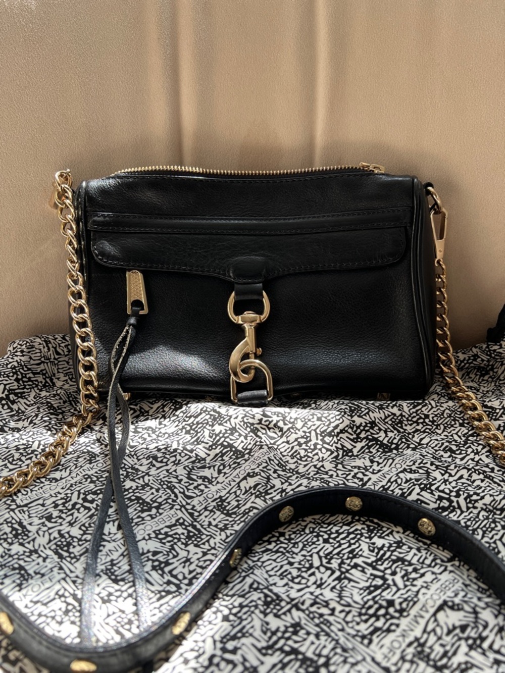 Rebecca Minkoff Black Leather Crossbody with Gold Chain